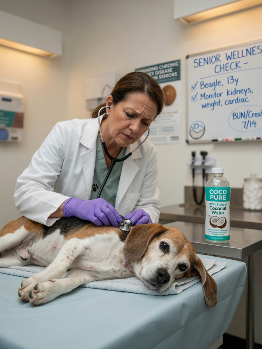 Veterinarian examining an older beagle on examination table with coconut water product visible nearby