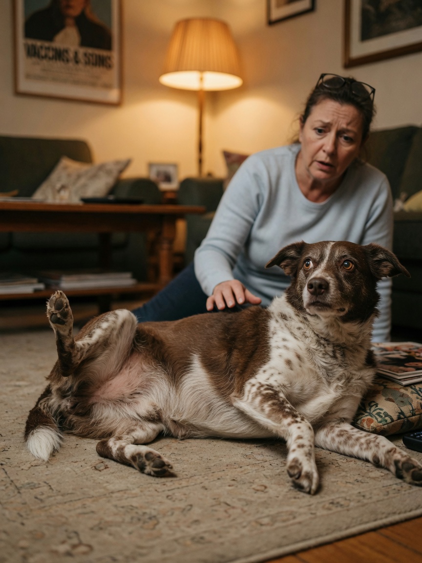 Distressed dog showing signs of trembling and restlessness, with concerned owner nearby