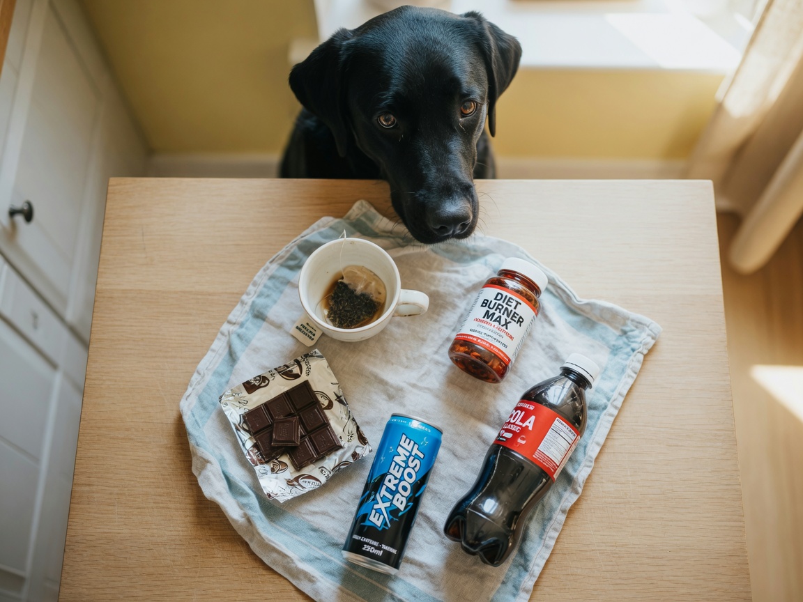 Black Labrador Retriever looking down at various caffeine-containing household items including tea, chocolate, energy drinks, and supplements