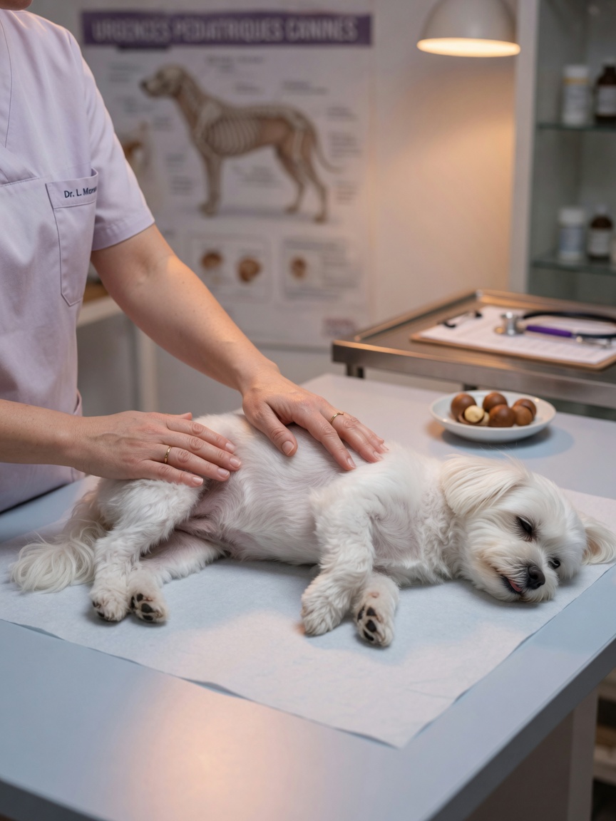 Small white dog being examined by a veterinarian with concern