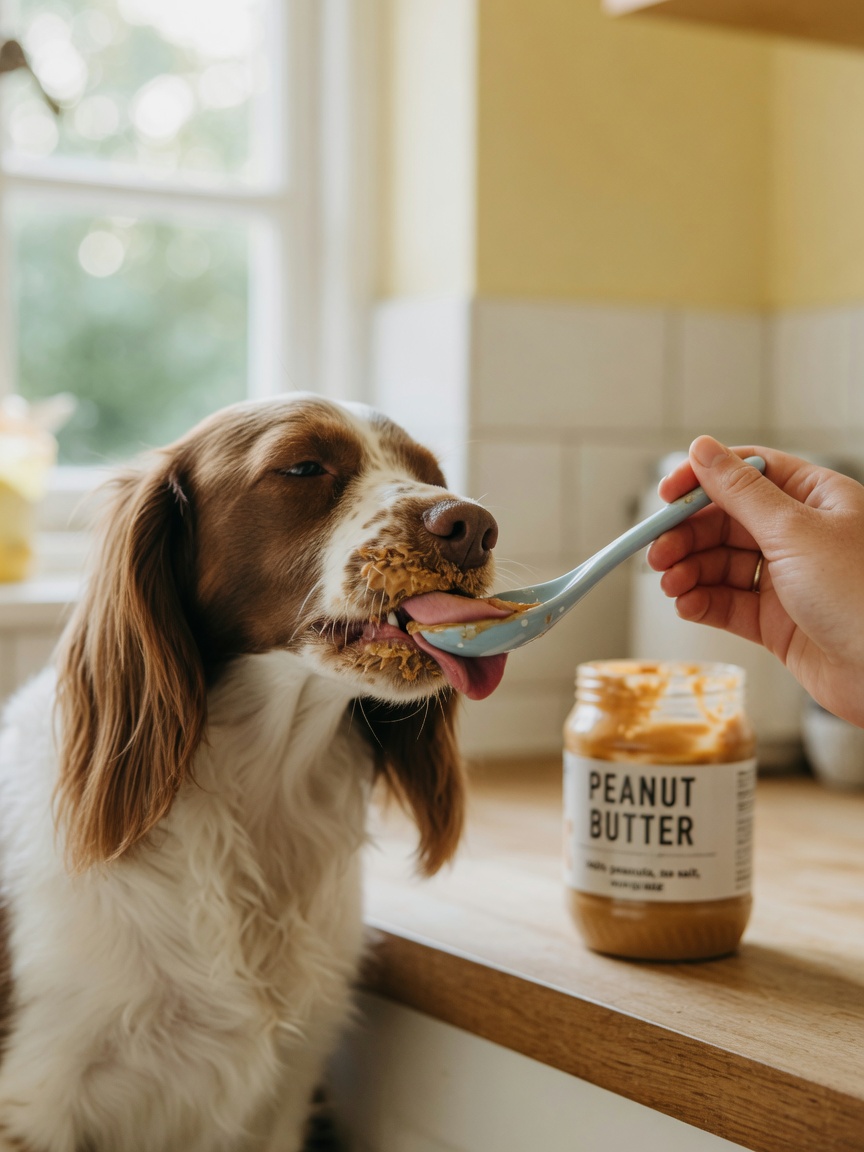 Dog licking peanut butter from a spoon in a kitchen