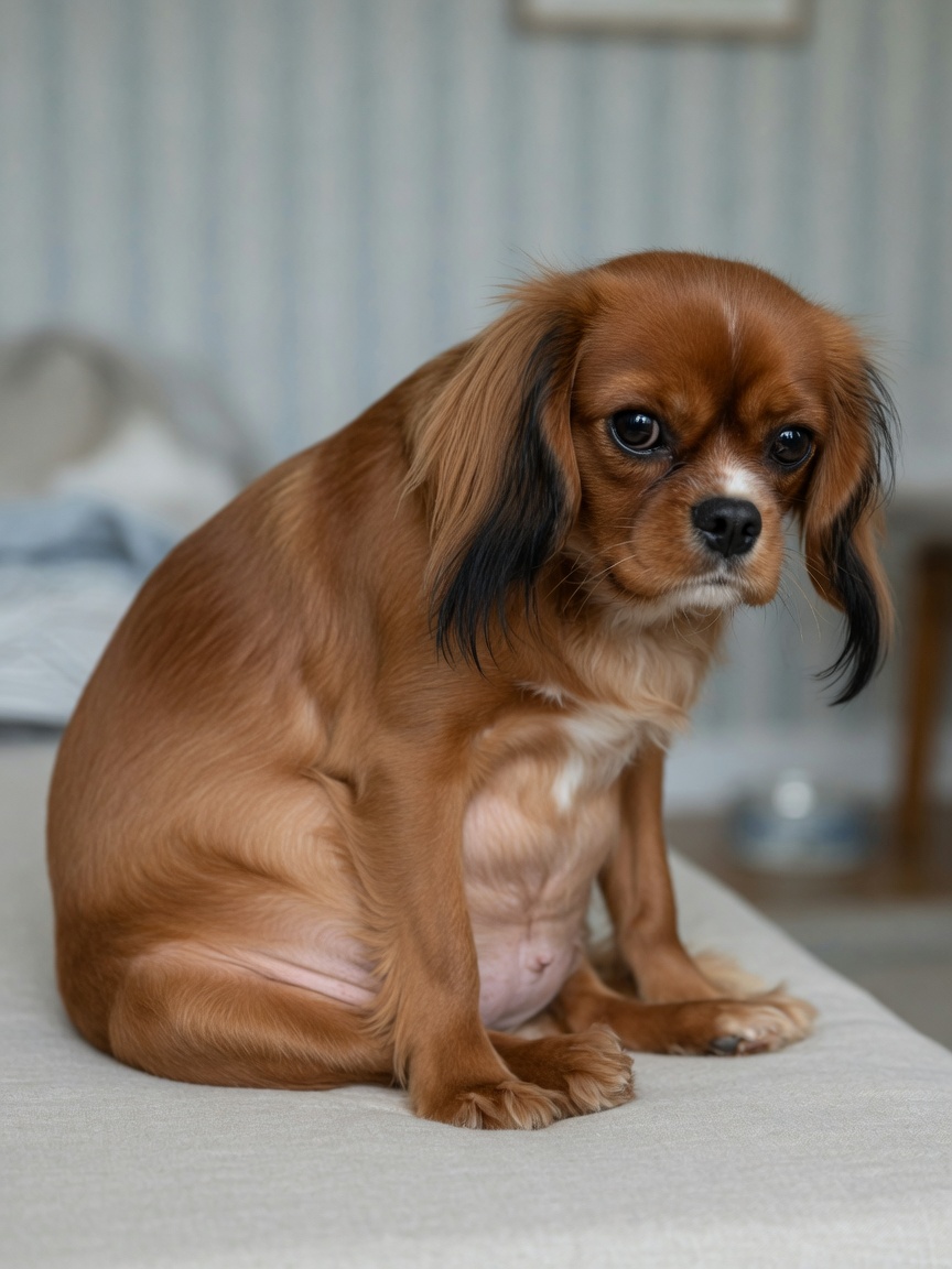 Small spaniel with a bloated abdomen showing signs of digestive distress from eating high-fat foods