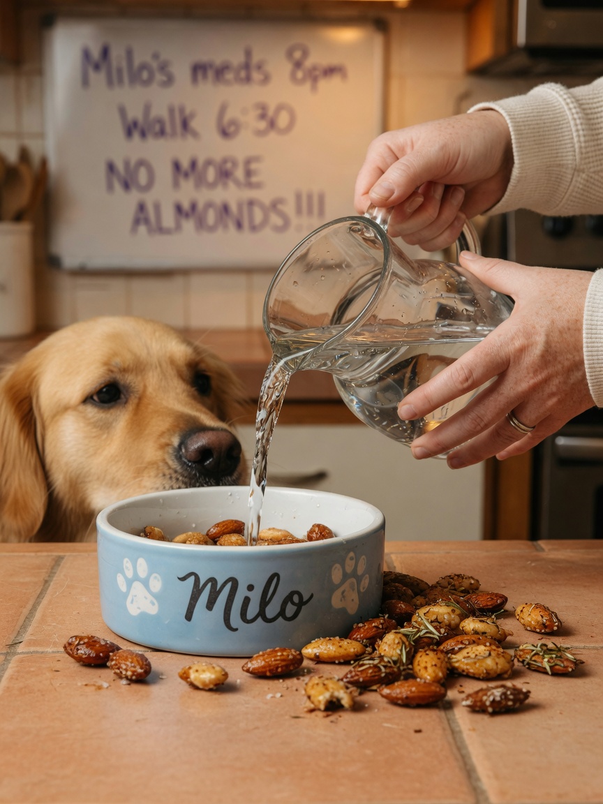 Salted and seasoned almonds scattered on a kitchen floor beside a dog's water bowl