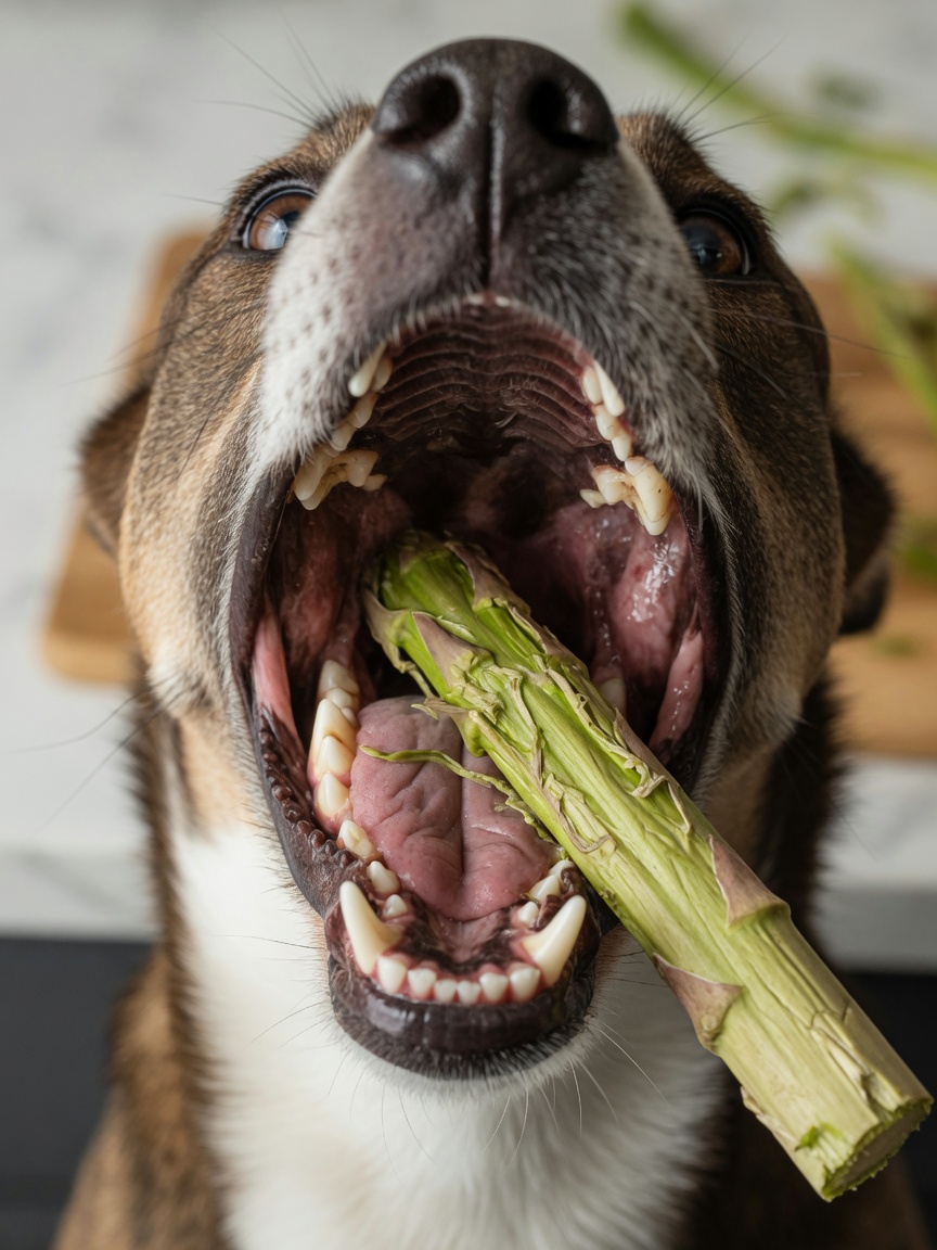 Close-up met rauwe aspergestengel in de mond van een hond, illustreert verstikkingsrisico
