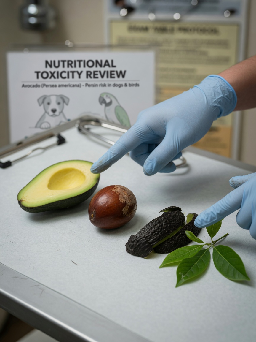 Avocado pit, skin, and flesh displayed on a veterinary examination table with a vet's hand for scale