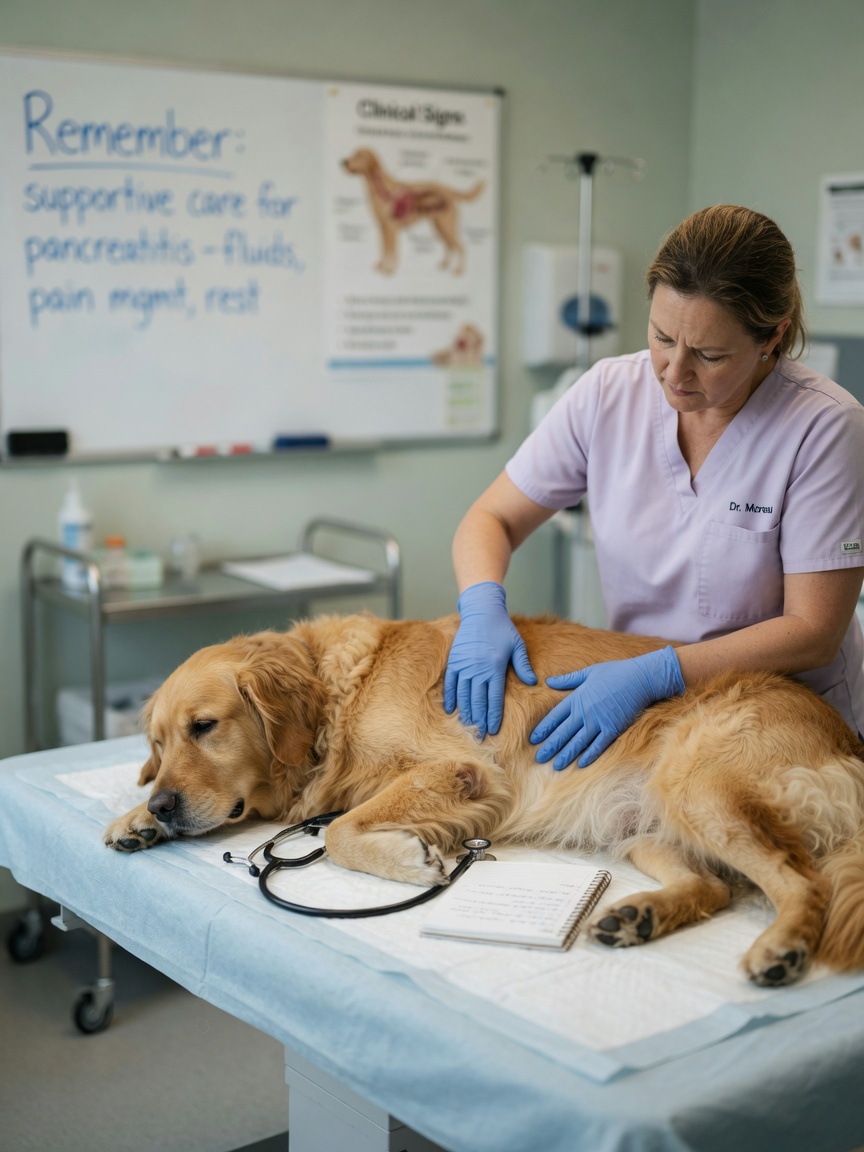 Veterinarian examining a dog's abdomen during a pancreatitis assessment