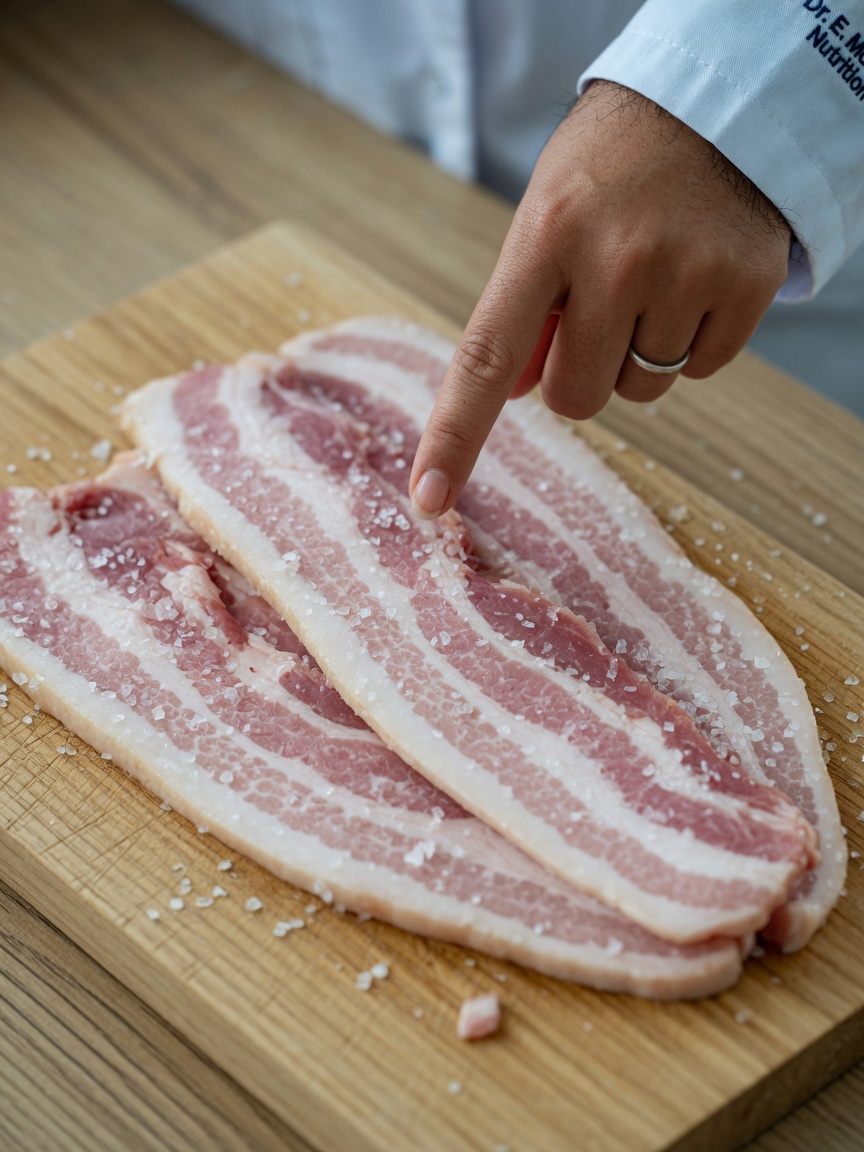 Macro view of bacon rashers showing high fat and salt content that is harmful to dogs