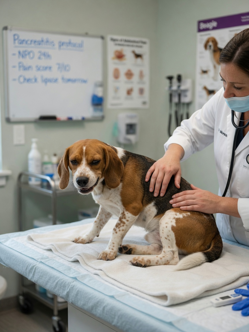 A Beagle on a veterinary examination table showing signs of abdominal discomfort, representing acute pancreatitis risk from bacon consumption
