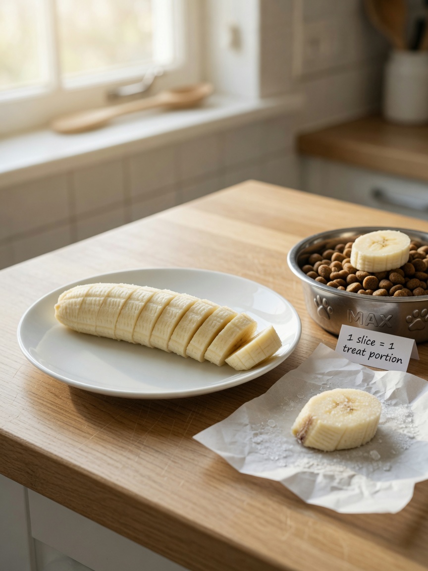 Banana slices properly prepared and portioned on a plate and in a dog food bowl