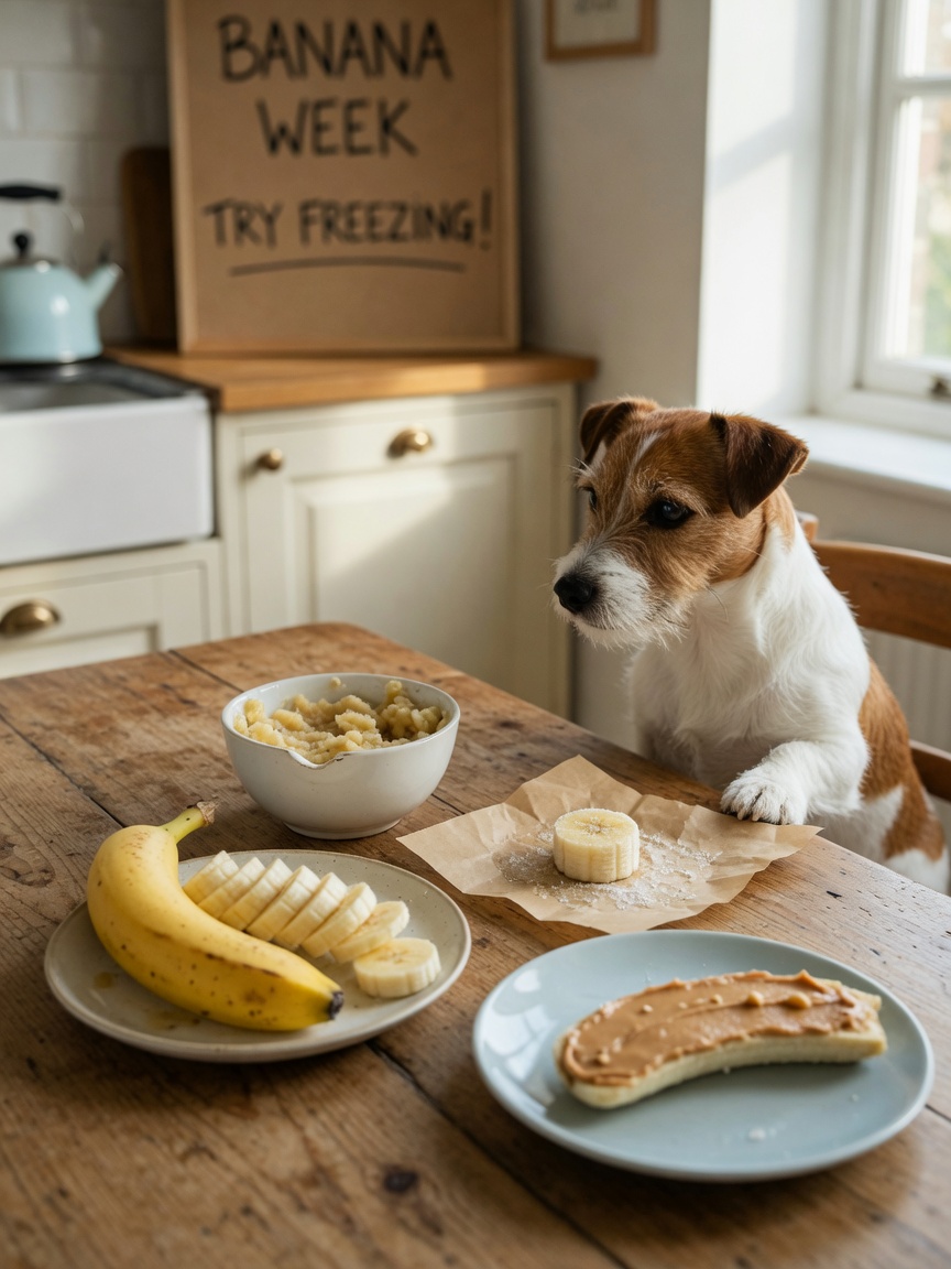 Various banana preparation methods displayed on a table with an eager small dog watching