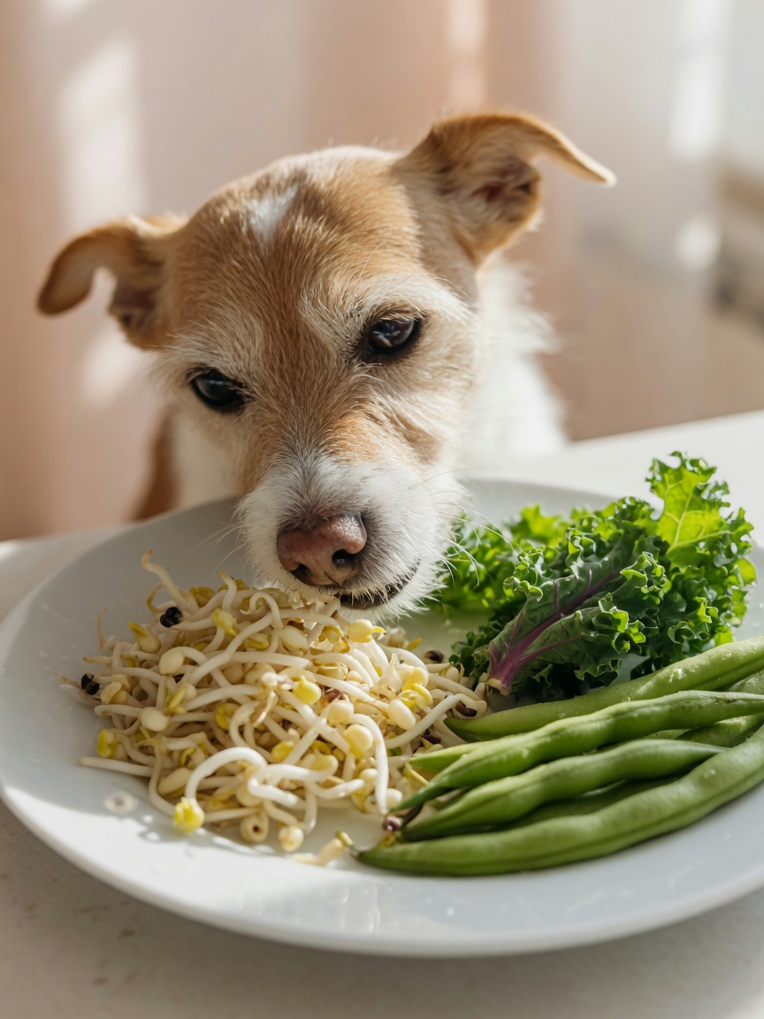 Small dog sniffing fresh bean sprouts and green vegetables on a plate