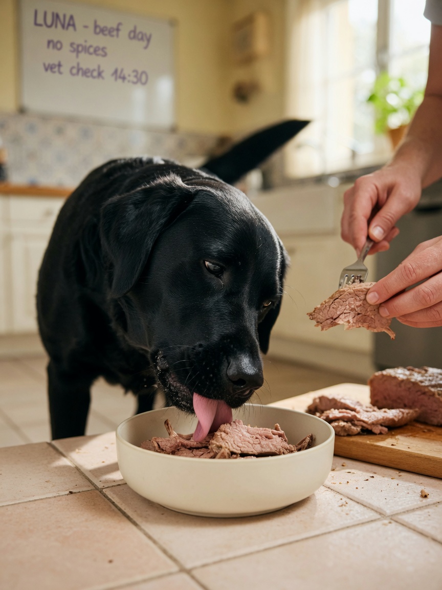 Black Labrador eating plain cooked beef from a bowl as a healthy alternative