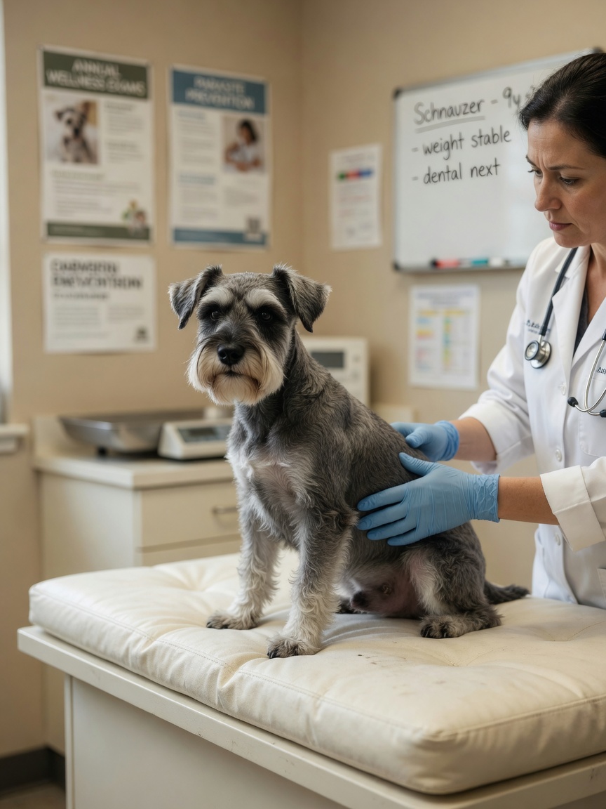 Veterinarian examining a Miniature Schnauzer with salt-and-pepper coat on an examination table