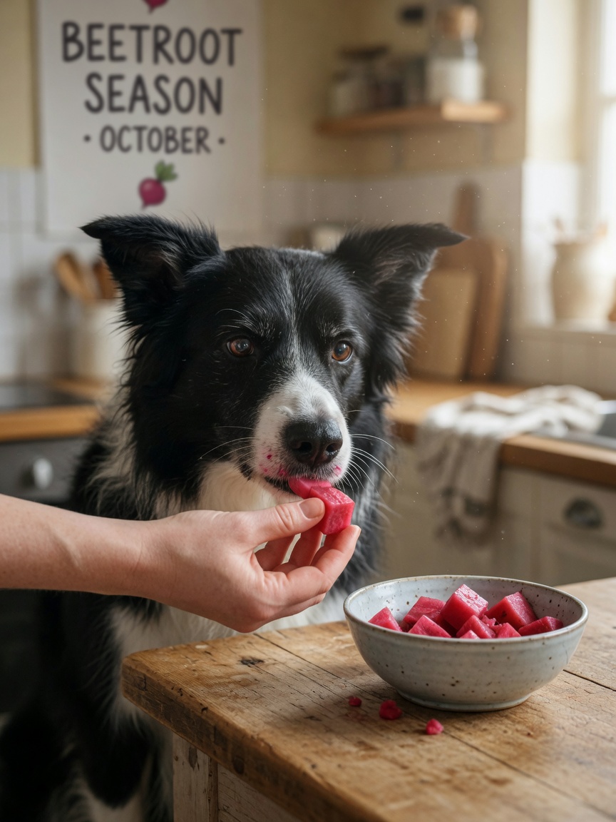 Owner hand-feeding a small piece of cooked beetroot to a black and white border collie