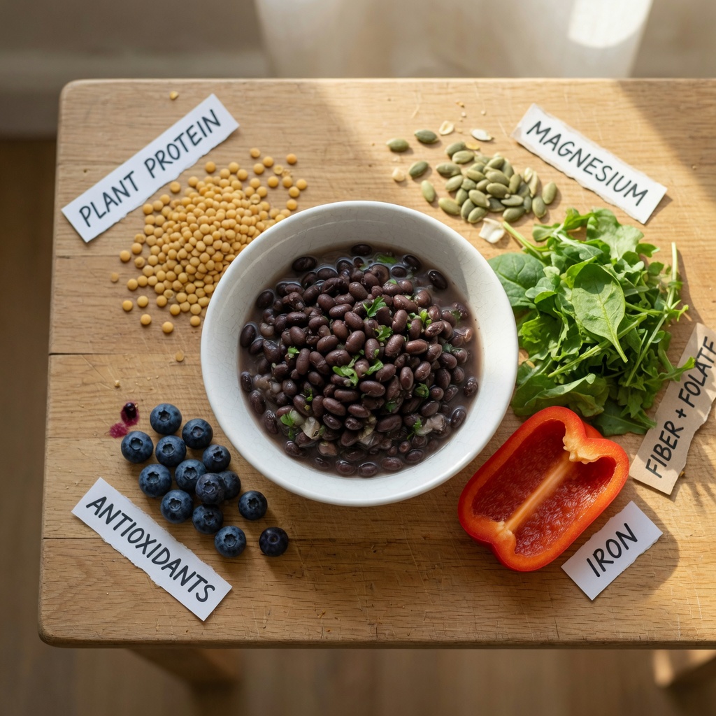 Nutritional components of black beans displayed as ingredients around a central bowl of cooked beans