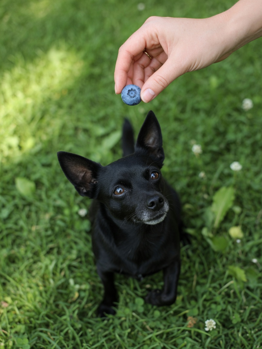 Dog trainer's hand holding a single blueberry treat above a focused small dog during training
