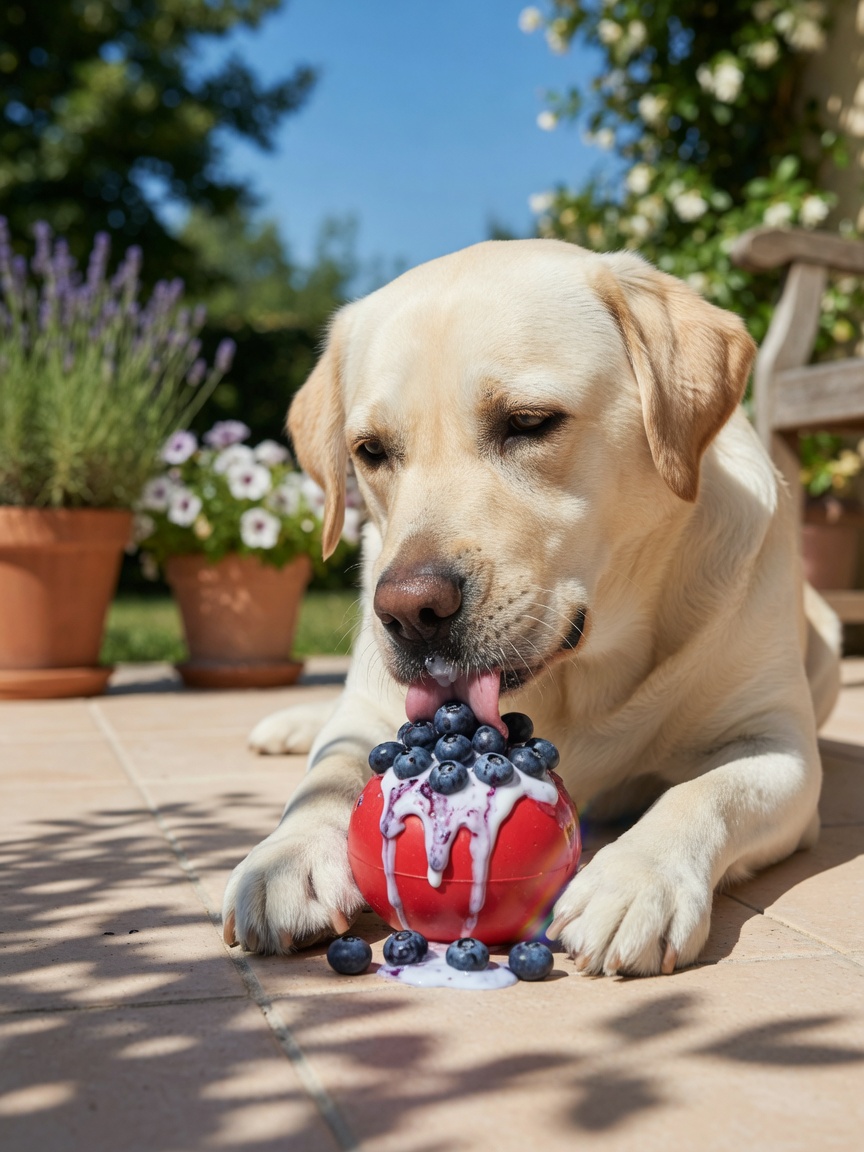 Light-colored Labrador Retriever engaging with a frozen blueberry-filled KONG toy on a sunny summer day