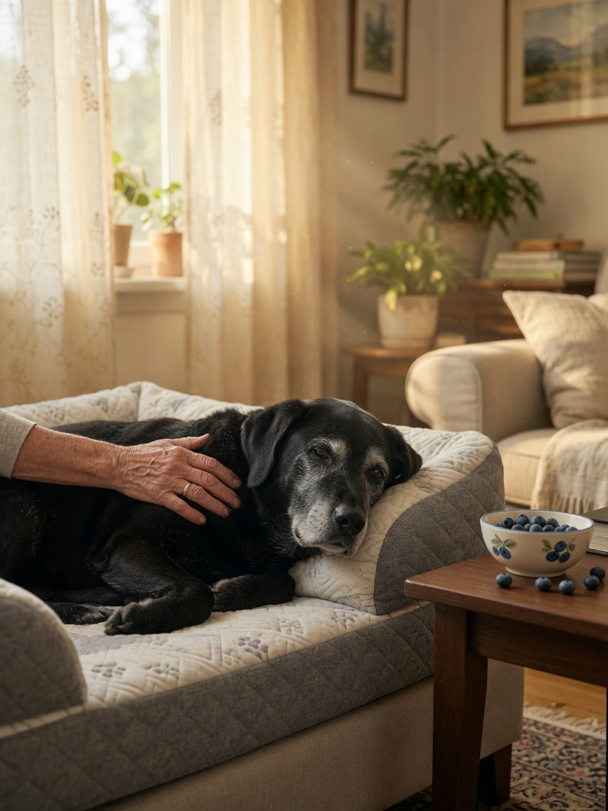Senior black Labrador Retriever resting on an orthopedic bed with blueberries nearby and owner's hand on shoulder