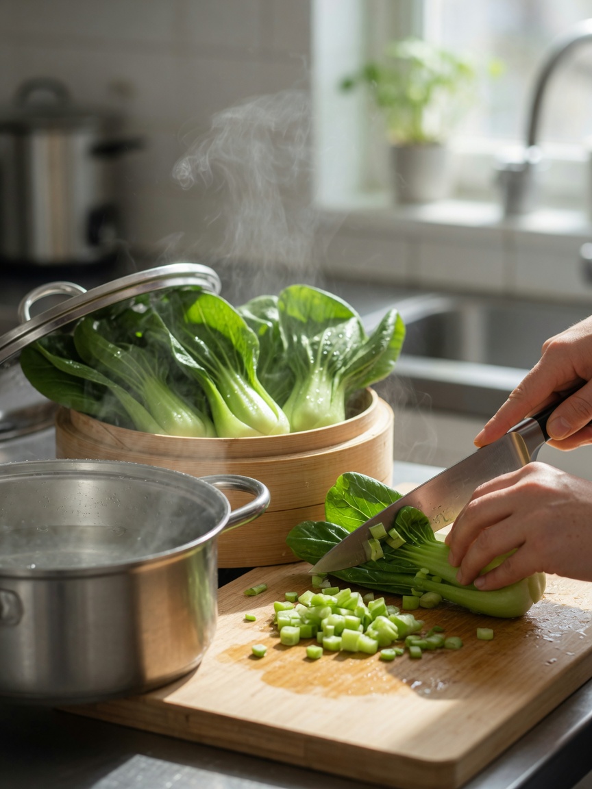 Bok choy being steamed in pot and cut into bite-sized pieces on kitchen cutting board