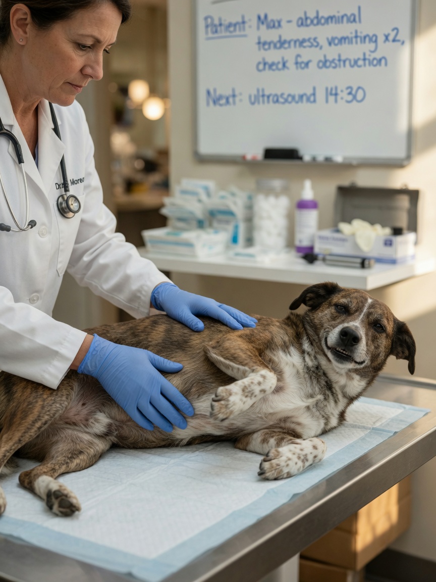 Veterinarian examining a dog's abdomen for signs of gastric distension during emergency visit