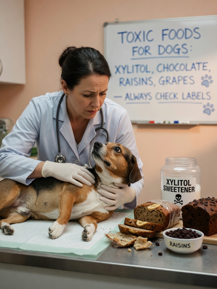 Veterinário examinando um cão com ingredientes de pão perigosos expostos na maca de exame