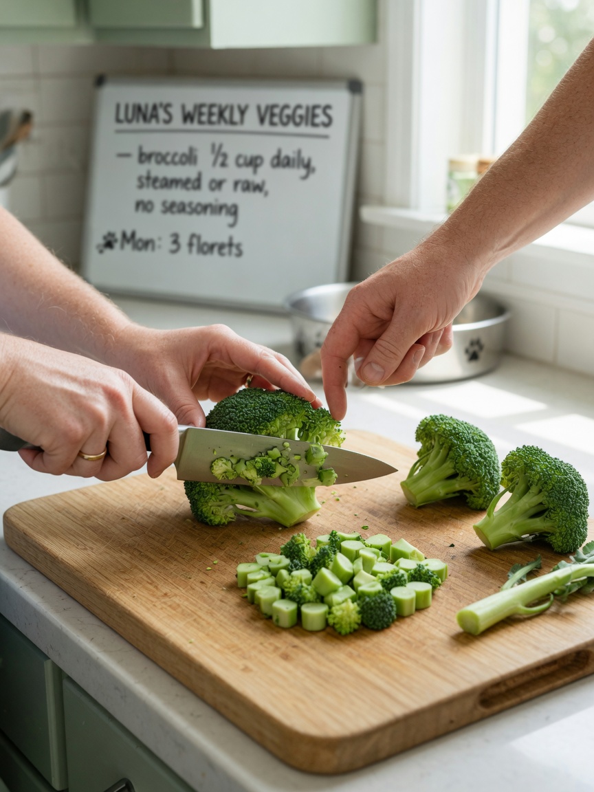 Mani che tagliano broccoli in piccoli pezzi sicuri per l'alimentazione dei cani