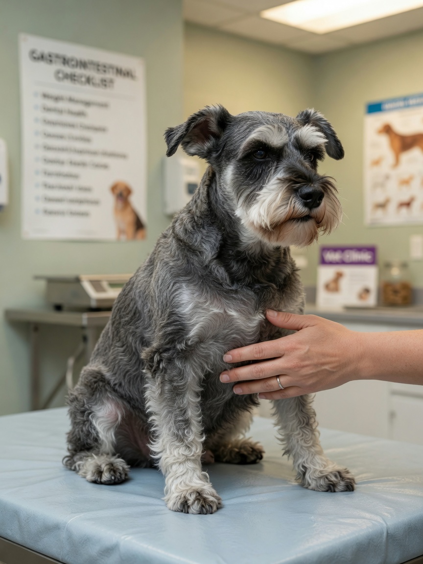Miniature Schnauzer undergoing abdominal examination by veterinarian
