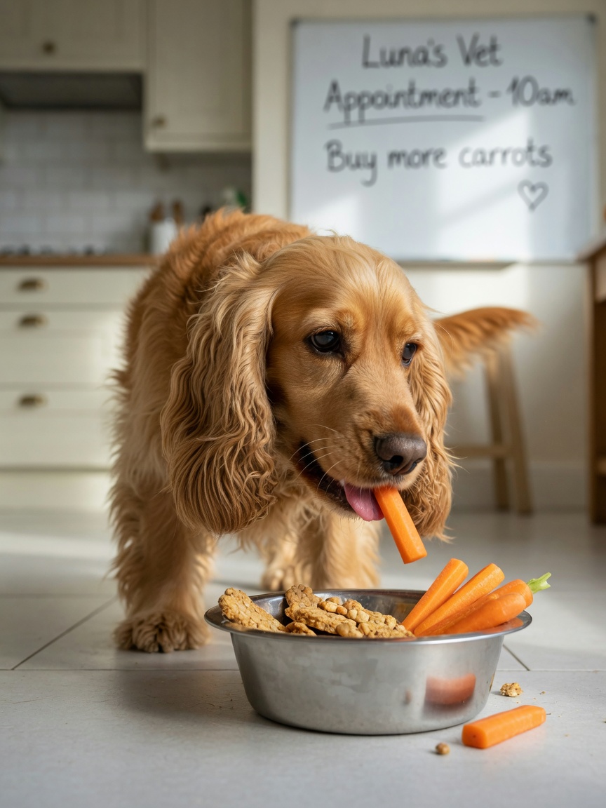 Cocker Spaniel enjoying healthy dog treats and vegetables from bowl
