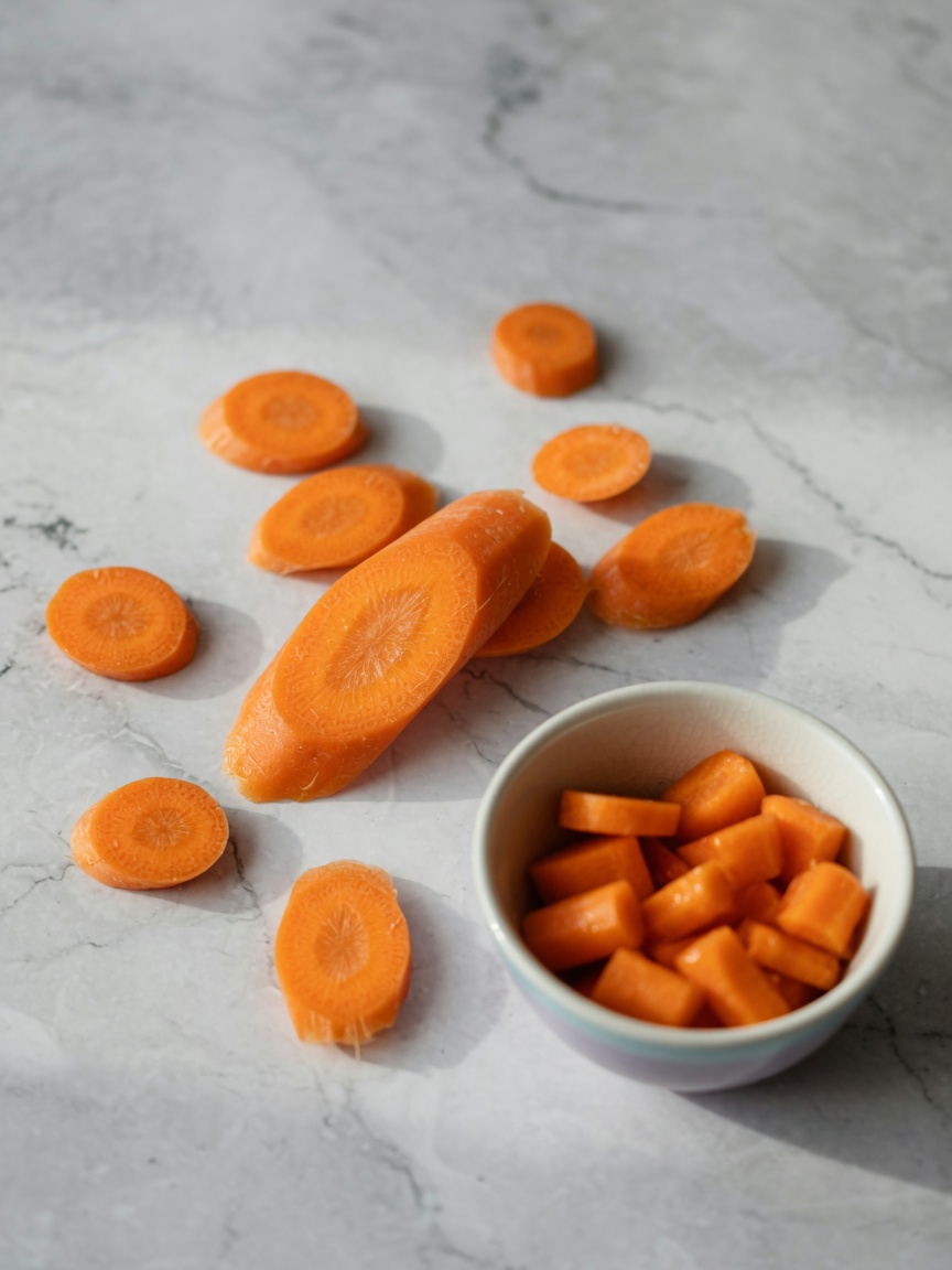 Close-up of fresh sliced carrots on a marble surface highlighting their nutritional appearance