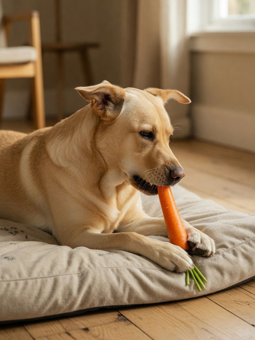 Golden Labrador contentedly chewing on a whole raw carrot while lying on a soft dog bed