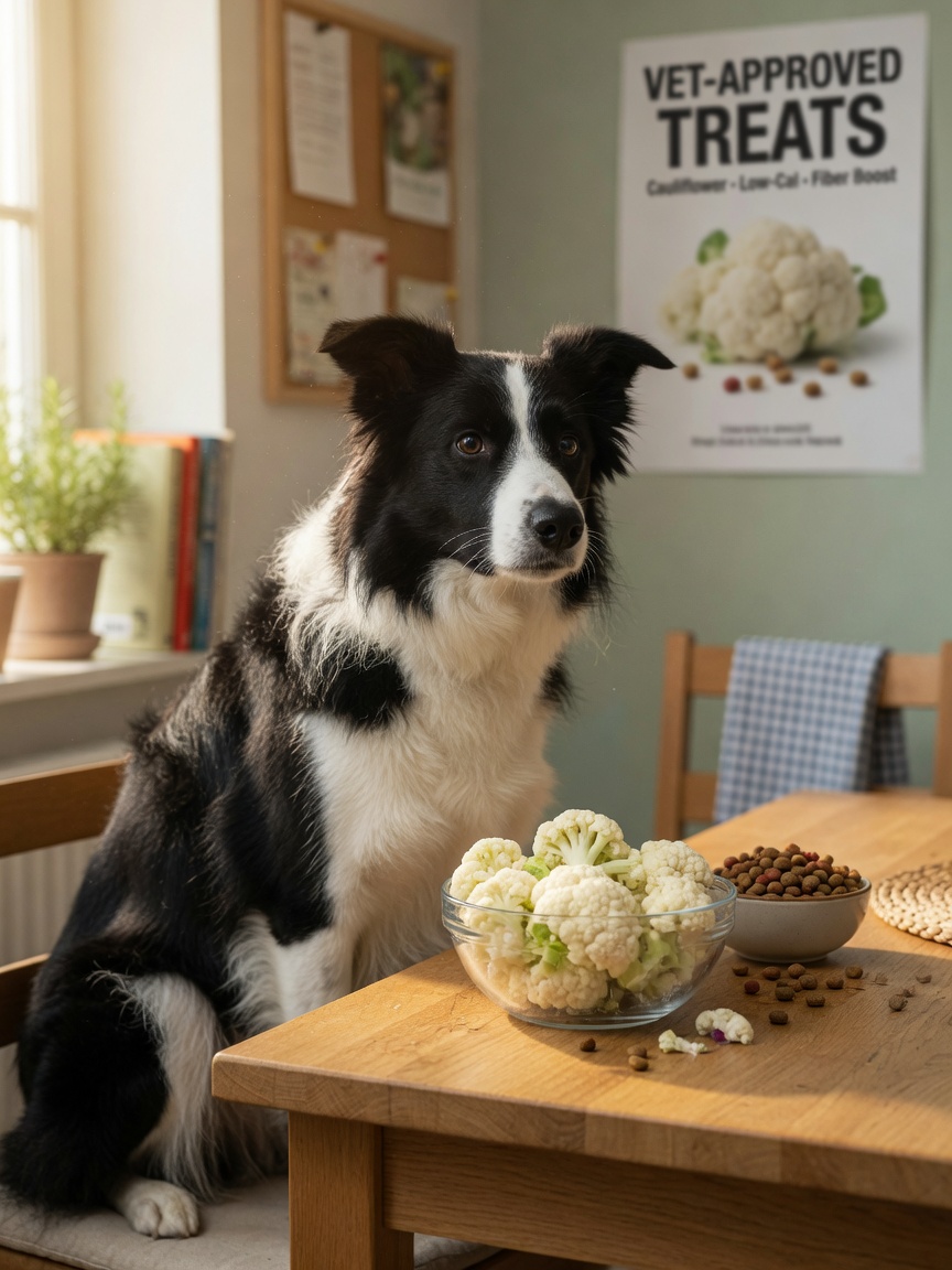A black and white border collie beside a bowl of fresh cauliflower florets and regular dog kibble, illustrating nutritional supplementation