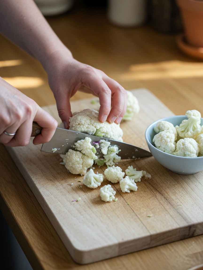 Hands carefully cutting fresh cauliflower into small, appropriately-sized pieces for safe dog serving