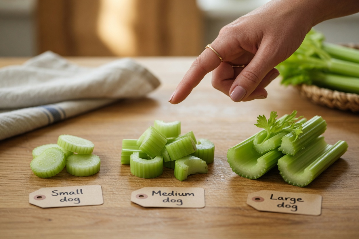 Three different portion sizes of cut celery pieces arranged to show serving guidelines for small, medium, and large dogs