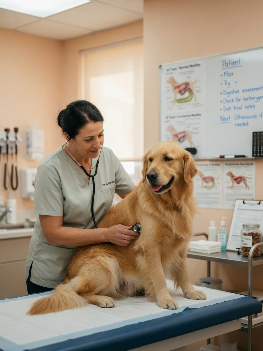 A veterinarian performing a gentle abdominal examination on a dog to assess digestive health