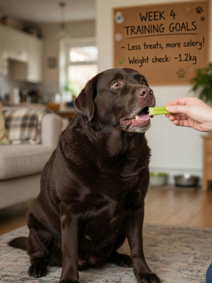 Cane in sovrappeso che riceve un piccolo pezzo di sedano come ricompensa di addestramento a basso contenuto calorico