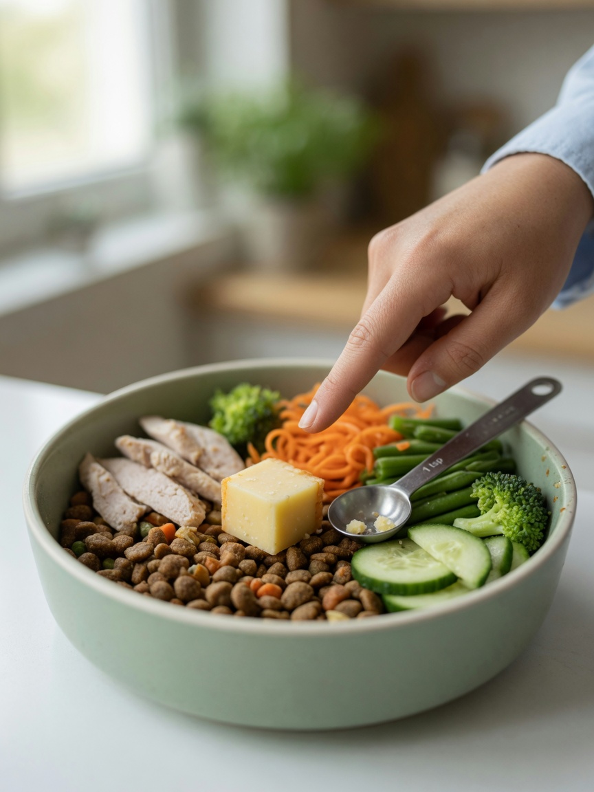 Nutritionist's hand measuring proper portion of aged cheddar cheese in a balanced dog meal with kibble and vegetables