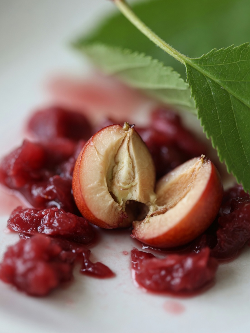 Close-up of a broken cherry pit surrounded by cherry flesh and leaf, showing the dangerous internal structure