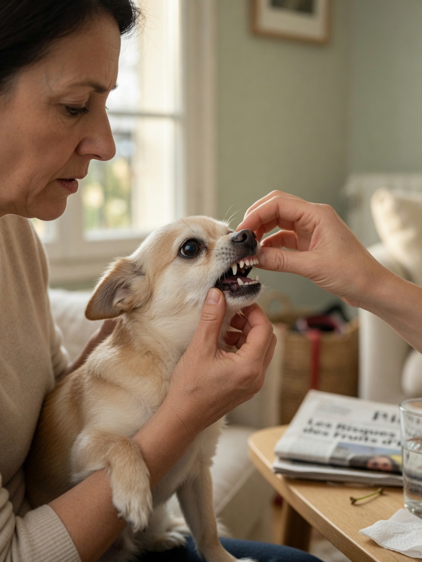 Dog owner carefully examining a small dog's gums and mouth for signs of cherry pit toxicity