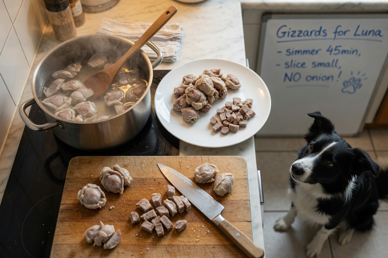 Cooked chicken gizzards in a pot and on a plate with a border collie watching from the kitchen