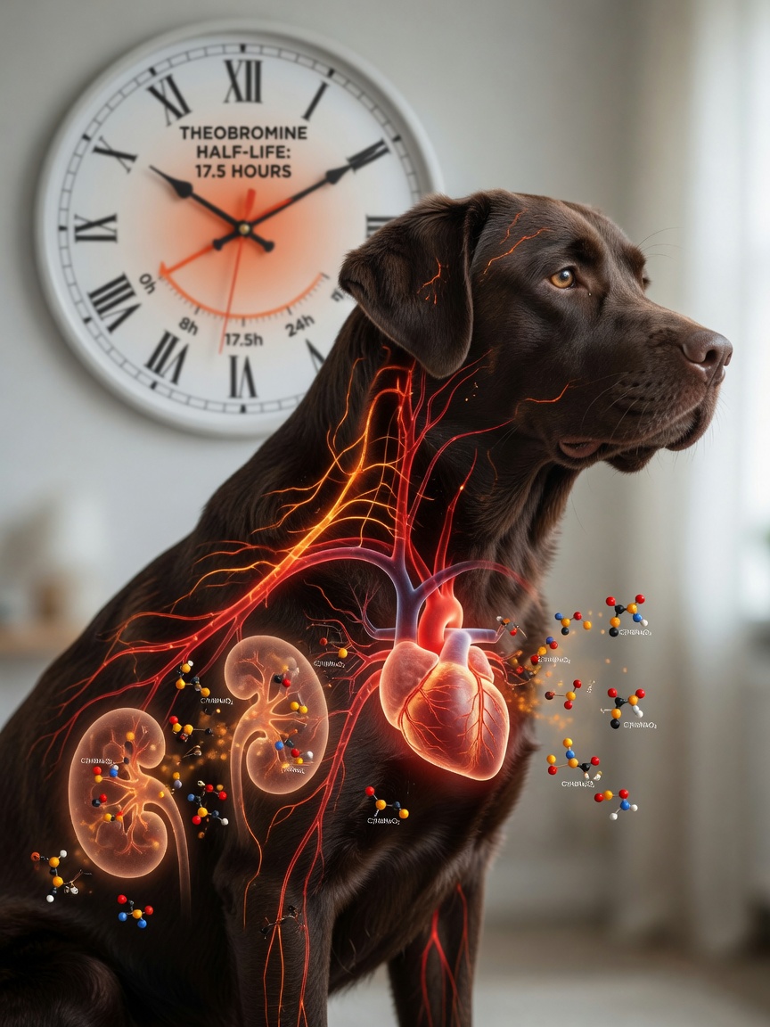 Visualizzazione scientifica del sistema cardiovascolare del cane con tossine luminose che rappresentano la teobromina nel flusso sanguigno e orologio che mostra l'emivita di 17,5 ore