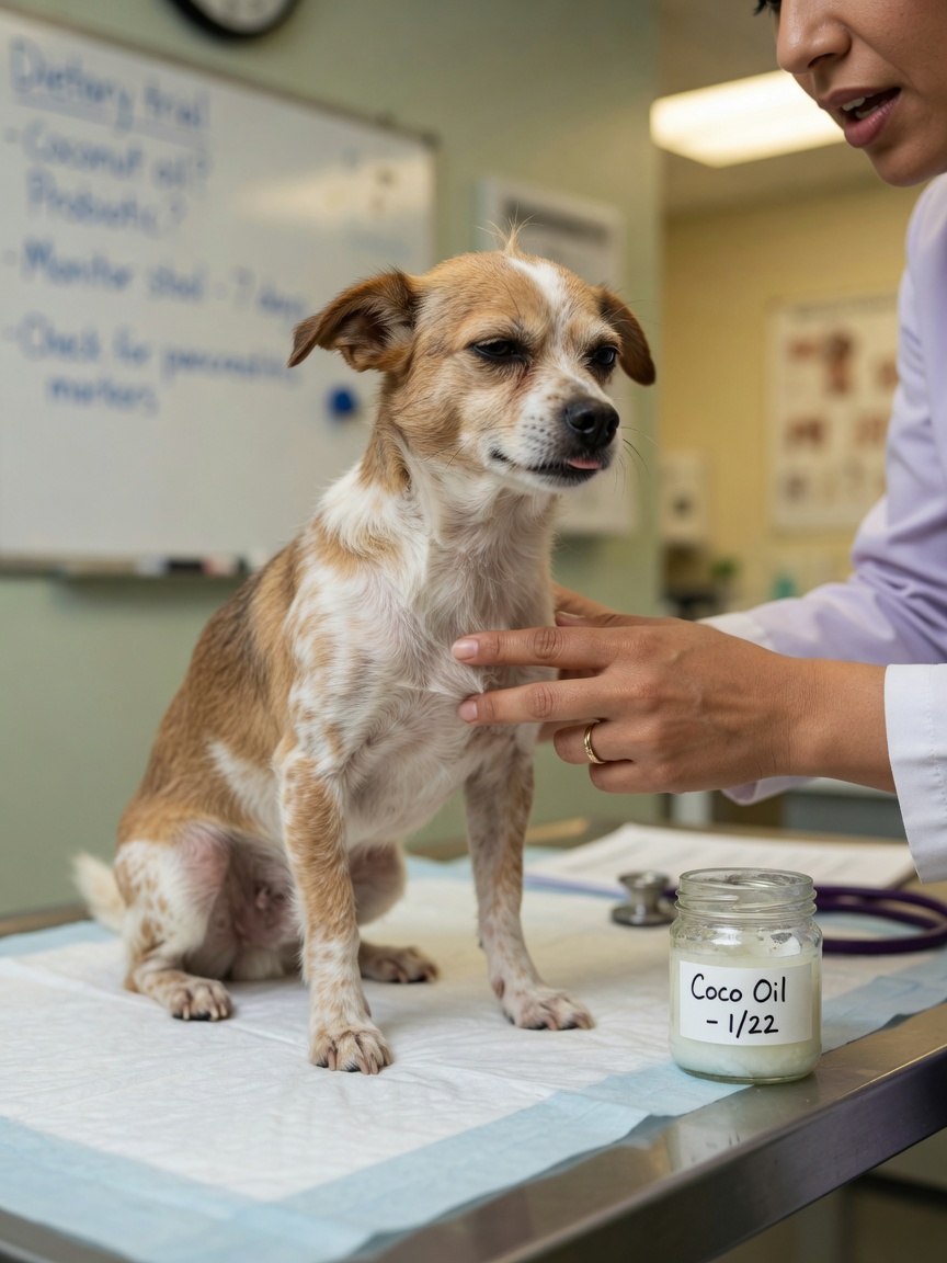 Veterinarian examining a small dog with concern about coconut oil supplementation