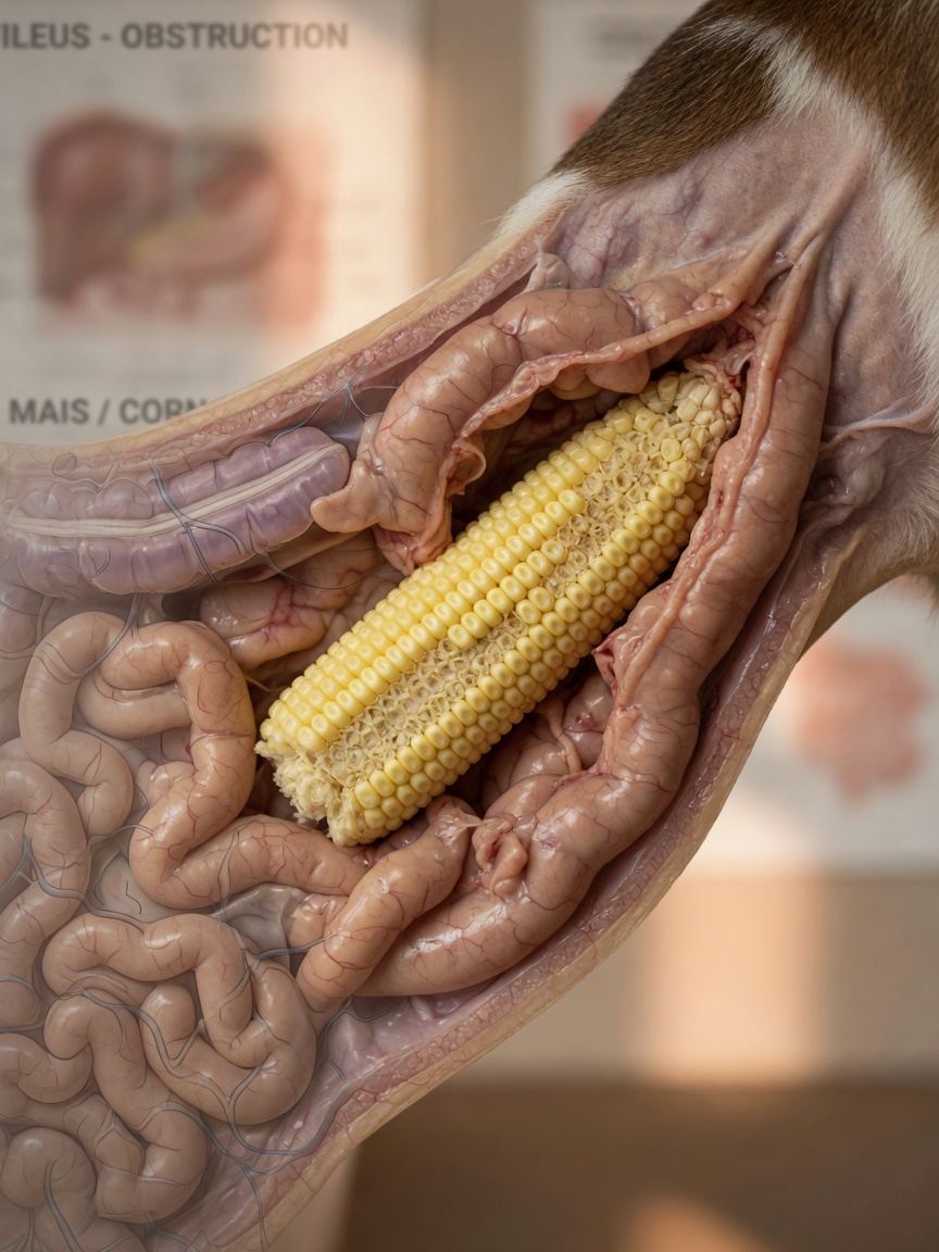 Anatomical illustration of a corn cob lodged in a dog's small intestine causing obstruction