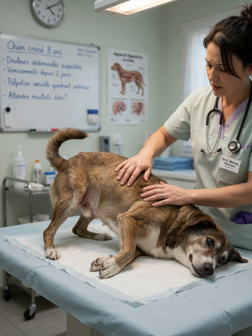 A veterinarian examining a distressed dog's abdomen on an exam table, showing signs of intestinal obstruction