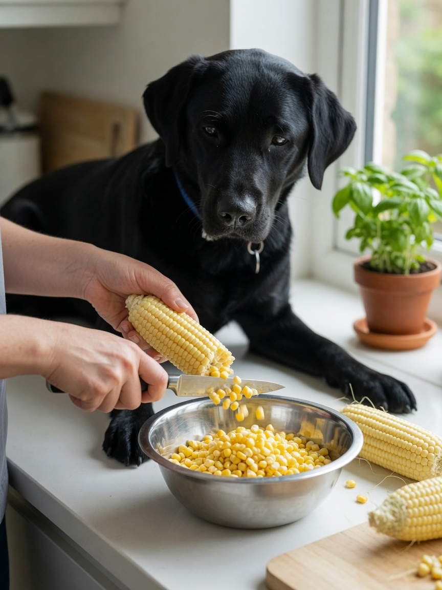 Veterinary nutritionist demonstrating safe corn kernel removal from the cob for a black Labrador retriever in a kitchen setting