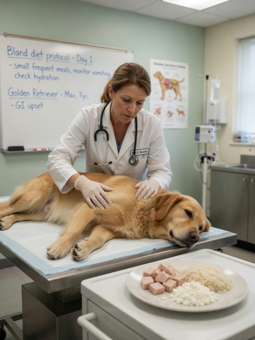 Veterinario che esamina un cane malato con ingredienti di dieta leggera visibili su un piatto vicino