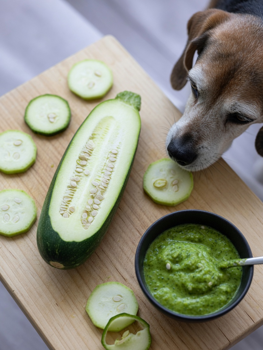 Overhead view of halved and sliced courgettes on a wooden board with senior beagle investigating, illustrating nutritional benefits