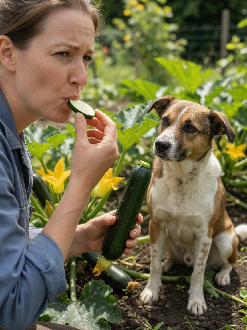 Dog owner tasting a courgette from their home garden with their dog watching nearby, demonstrating the bitter courgette safety check