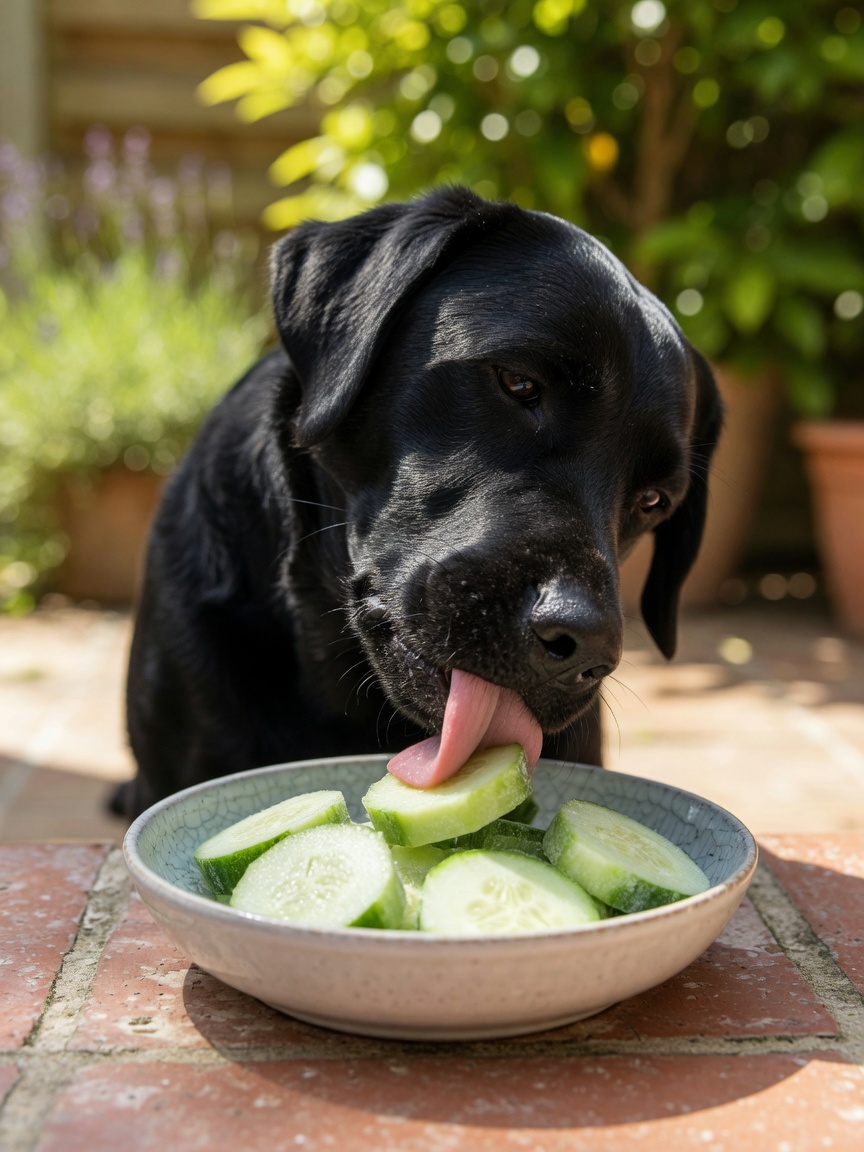 A black Labrador licking frozen cucumber slices from a bowl on a hot summer patio