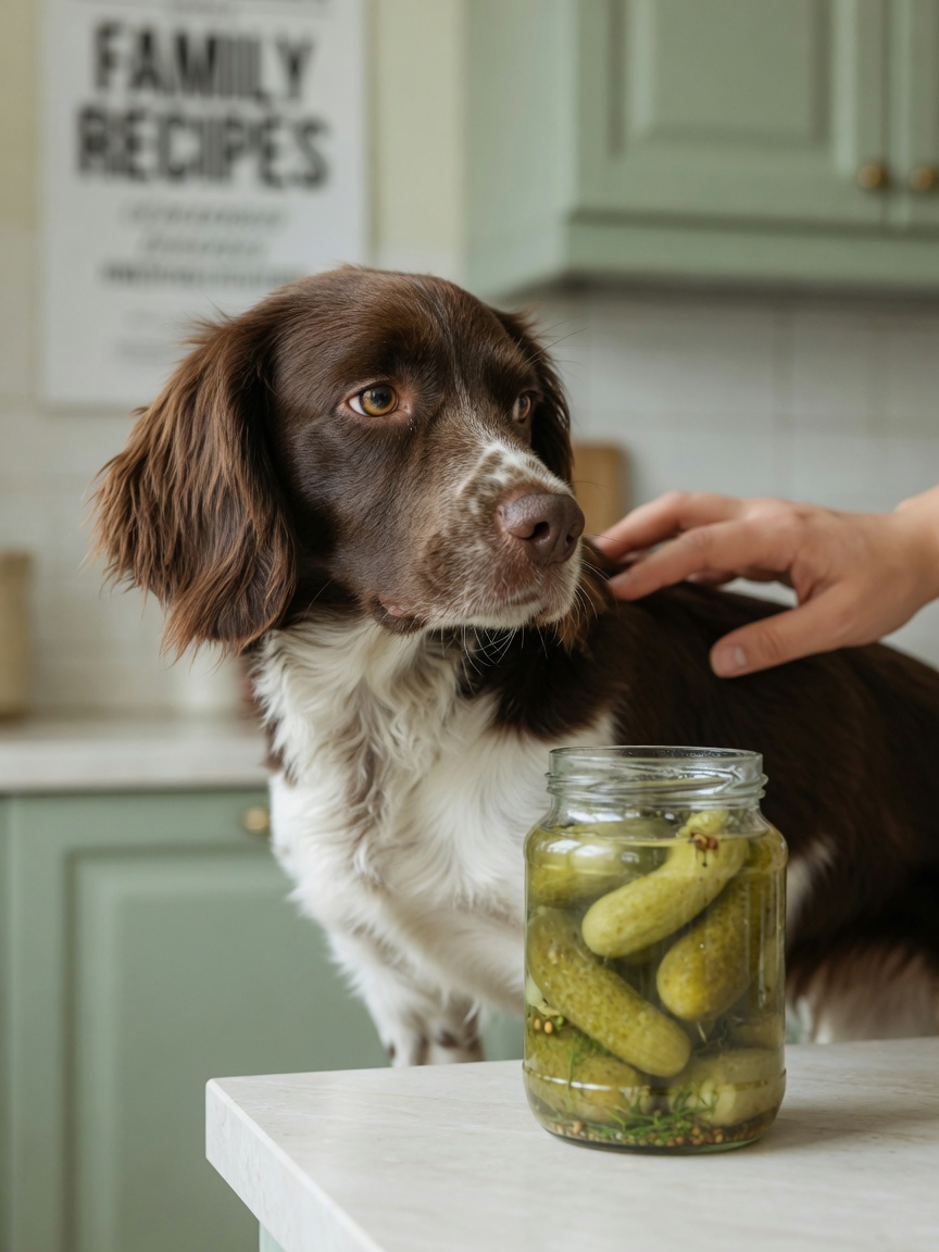 A spaniel being gently guided away from a jar of pickled cucumbers on a kitchen counter