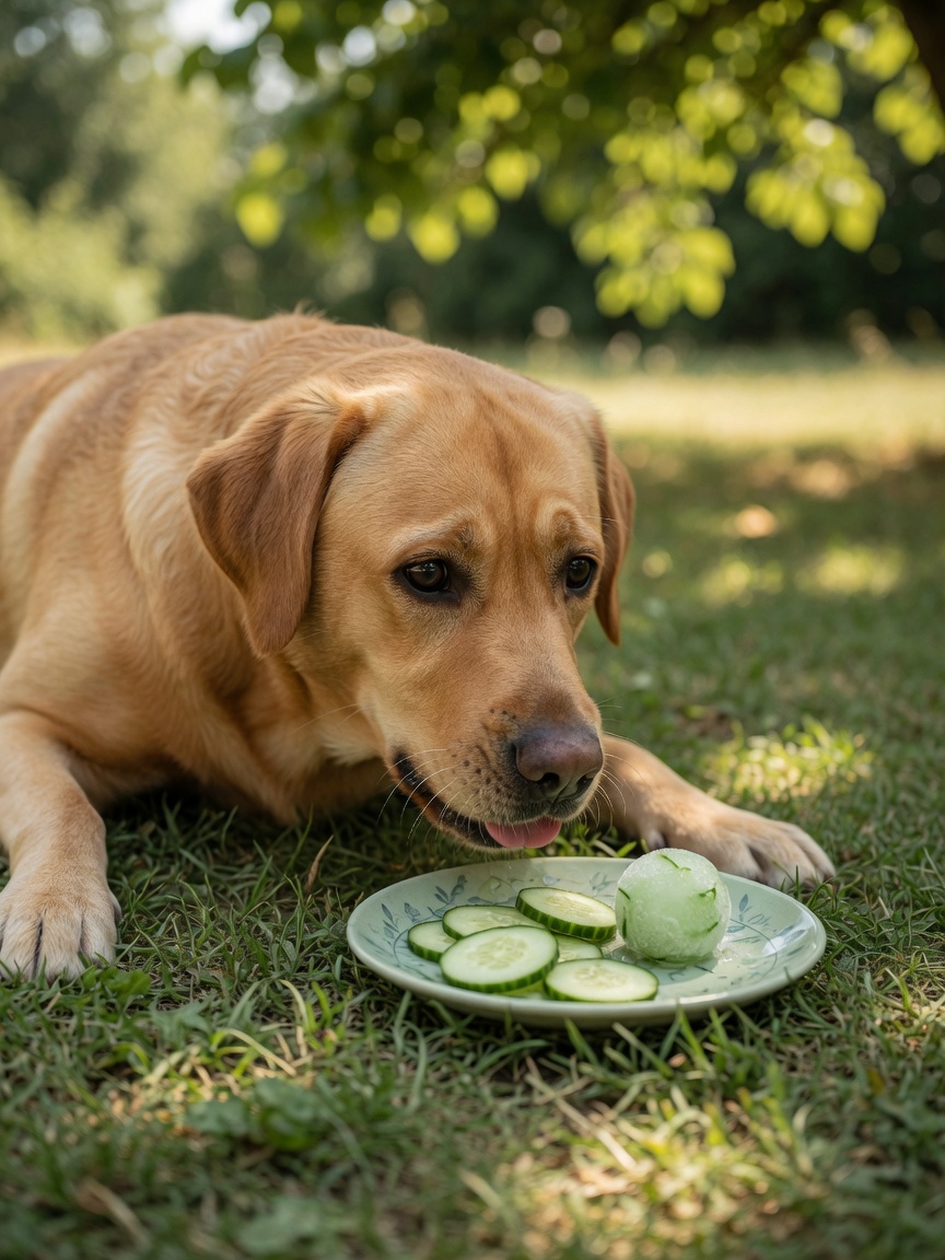 Golden Labrador enjoying chilled and frozen cucumber slices on grass during summer